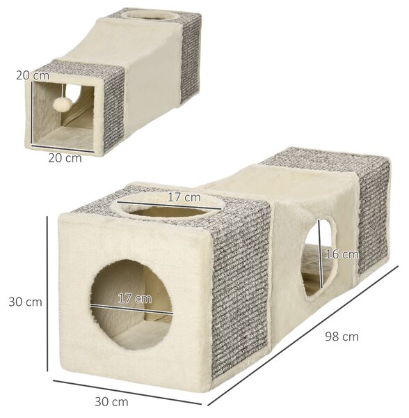 PawHut Tunnel per Gatti Pieghevole con Casette, Tiragraffi e Pallina in Peluche e Sisal, Crema
