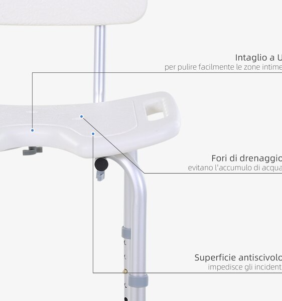 HOMCOM Sedia Doccia Regolabile su 8 Livelli con Fori di Drenaggio, in Alluminio e PE, 48x42x71-83.5 cm, Bianco e Argento