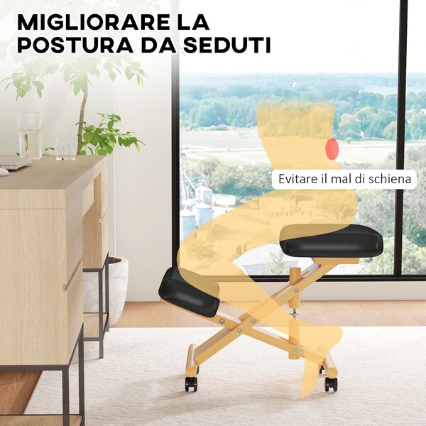 HOMCOM Sedia Ergonomica Posturale con Inginocchiatoio, Altezza Regolabile e Rotelle in Legno, Nero