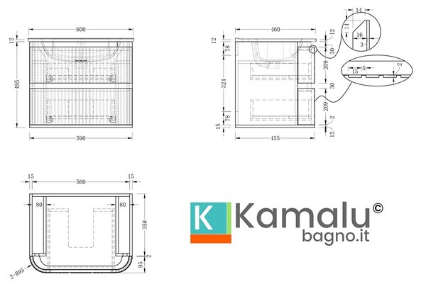 Mobile bagno 60 cannettato con lavabo incasso ceramica | KAM-ND60C - KAMALU