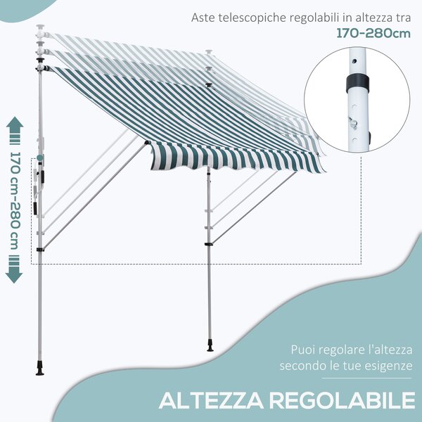 Outsunny Tenda da Sole a Rullo con Manovella da Esterno, Altezza e Angolazione Regolabile per Giardino e Esterno, 2x1.5m, Verde e Bianco | Aosom Italy