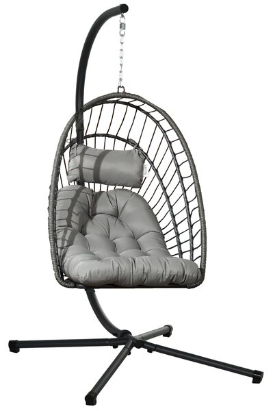Outsunny Poltrona Sospesa in Rattan PE con Cuscino, Seduta Pieghevole e Struttura in Acciaio, Grigio|Aosom
