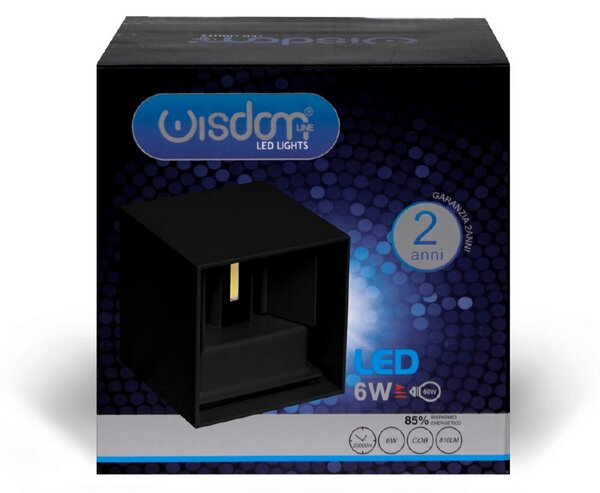 Applique Led cubo da parete 6W Doppia emissione Nero IP65 Bianco freddo 6000K Wisdom