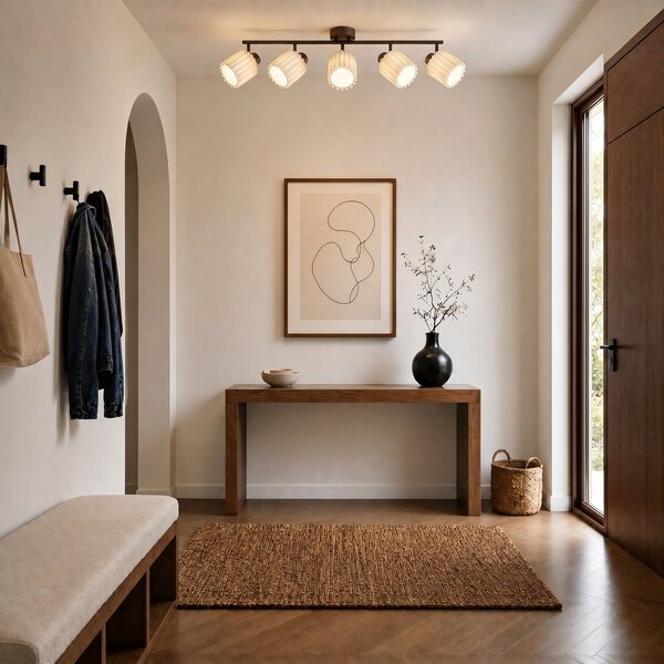 Plafoniera Lindby, Shiloh, dimmerabile, Legno, Soggiorno, Tessuto / Tessile, Moderno