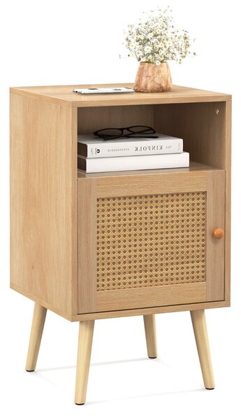 Costway Comodino con mensola aperta e porta in rattan, Tavolino in stile country per camera da letto e soggiorno Naturale