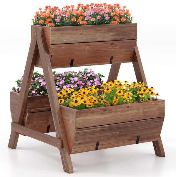 Costway Letto da giardino rialzato verticale, Supporto per piante a scala con 3 fioriere in legno fori di drenaggio Naturale