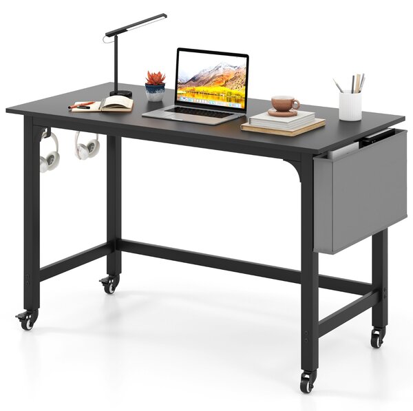 Costway Scrivania per computer con ruote bloccabili borsa rimovibile e ganci per cuffie, Scrivania da ufficio per laptop Nero