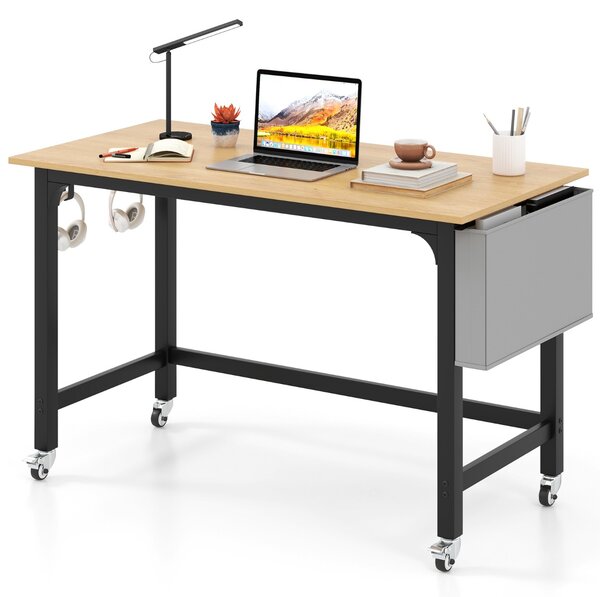 Costway Scrivania per computer con ruote bloccabili borsa rimovibile e ganci per cuffie, Scrivania da ufficio per laptop Naturale