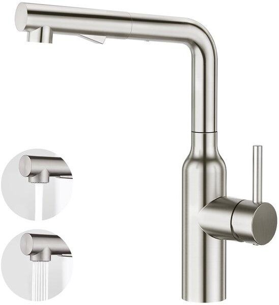 Rubinetto da cucina con 2 getti d'acqua, doccetta orientabile, miscelatore monocomando, rubinetto ad alta pressione, rubinetto per lavello, orientabile a 360°, acciaio inossidabile satinato opaco
