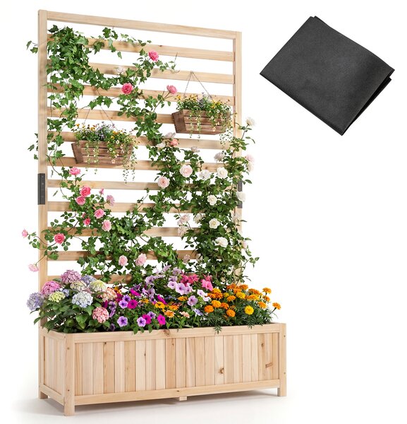 Costway Letto da giardino rialzato in legno con traliccio verticale fodera e drenaggio, Fioriera elevata per interno esterno patio balcon Legno naturale