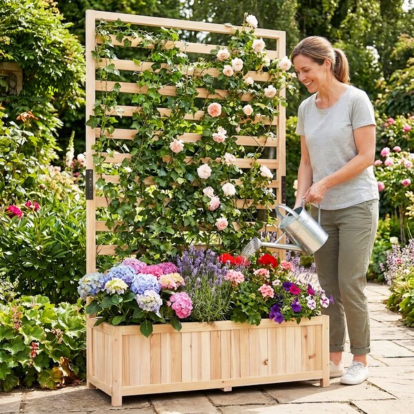 Costway Letto da giardino rialzato in legno con traliccio verticale fodera e drenaggio, Fioriera elevata per interno esterno patio balcon Legno naturale