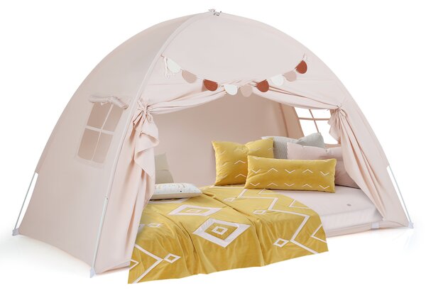 Costway Tenda castello letto matrimoniale 2 finestre bandiere pieghevole, Tenda gioco portatile privacy per bambini 3+ anni Beige