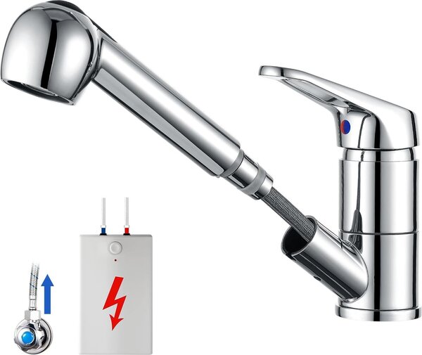 Rubinetto da cucina a bassa pressione, estraibile, rubinetto da cucina a bassa pressione con doccia, due tipi di getto d'acqua, miscelatore girevole a 360°, cucina, rubinetto con 3 attacchi per caldaia