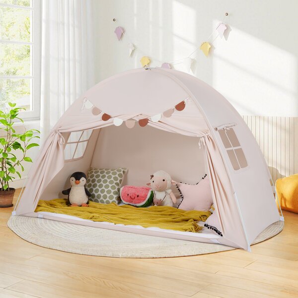 Costway Tenda castello letto matrimoniale 2 finestre bandiere pieghevole, Tenda gioco portatile privacy per bambini 3+ anni Beige