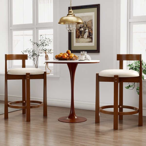 Costway Set di 2 sgabelli da bar altezza 62 cm con schienale e poggiapiedi, Sgabelli alti in legno per isola cucina e sala da pranzo Noce