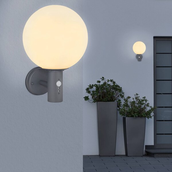 Globo Applique da esterno Ossy, antracite/bianco, con sensore, IP44, E27 Ossy, Alluminio / Grigio / Zincato, Vetro, Applique da esterni