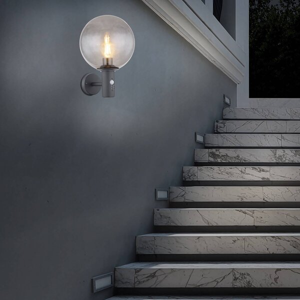 Globo Applique da esterno Hedwig, antracite/fumo, sensore, IP44, E27 Hedwig, Alluminio / Grigio / Zincato, Applique da esterni