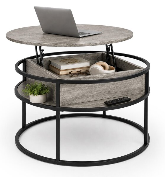 Tavolino Relaxdays con spazio contenitivo, dimensioni (altezza x diametro): 47x80 cm, con piano sollevabile, realizzato in MDF e metallo, tavolino rotondo per divano, tavolino da salotto, color marrone chiaro/nero