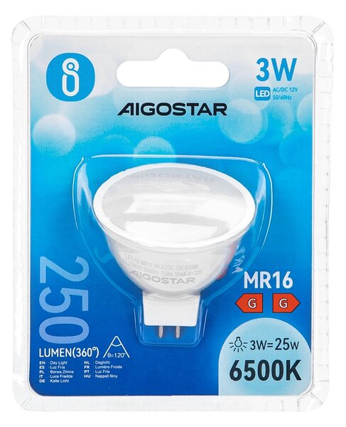 Faretto Led MR16 3W SMD Apertura 120 gradi Bianco freddo 6500K Aigostar