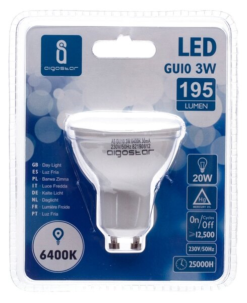 Faretto Led GU10 3W SMD Apertura 120-160 gradi Bianco freddo 6400K Aigostar