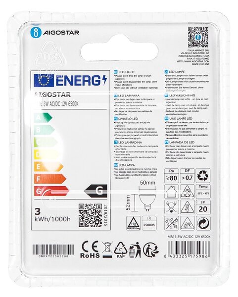 Faretto Led MR16 3W SMD Apertura 120 gradi Bianco freddo 6500K Aigostar