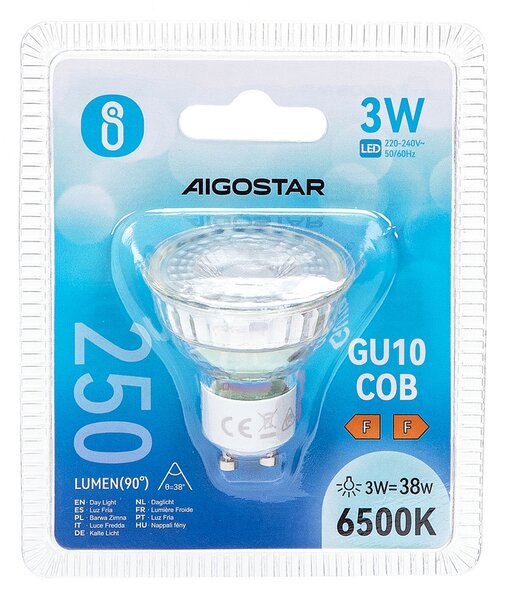Faretto Led GU10 3W COB Apertura 38 gradi Bianco freddo 6500K Aigostar
