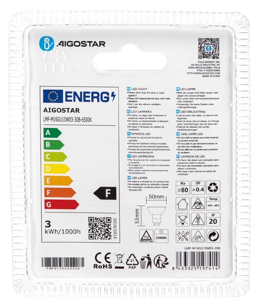 Faretto Led GU10 3W COB Apertura 38 gradi Bianco freddo 6500K Aigostar