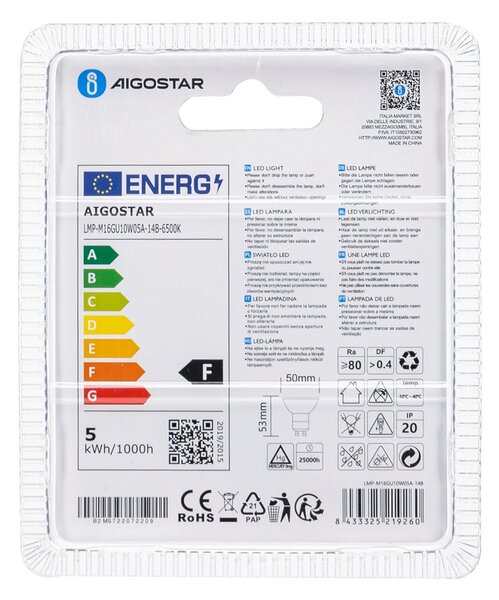 Faretto Led GU10 3W COB Apertura 38 gradi Bianco caldo 3000K Aigostar