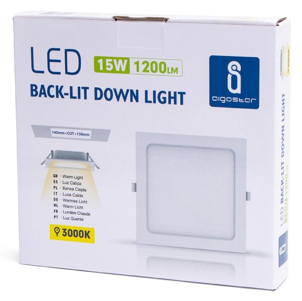 Faretto Led slim da incasso 15W Quadrato Cornice bianca Apertura 100 gradi Bianco caldo 3000K Aigostar