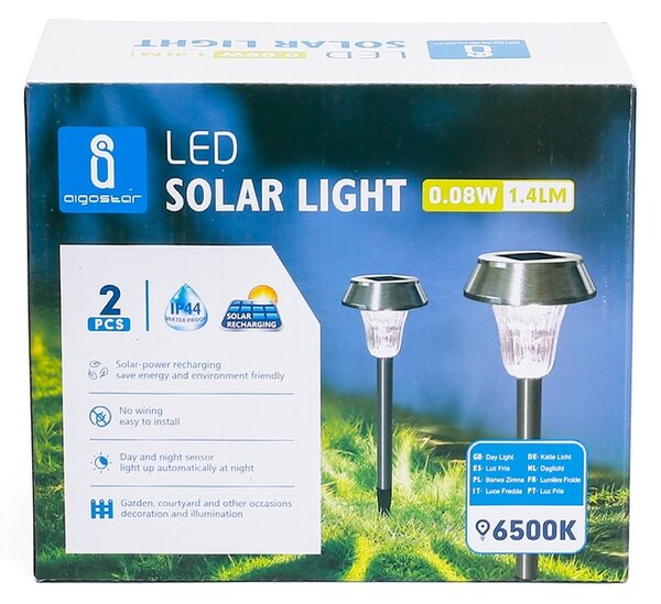Lampioncino segnapassi Led 0,08W Argento con pannello solare IP44 Bianco freddo 6500K con sensore crepuscolare Confezione 2pz Aigostar