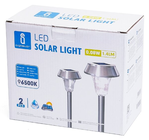 Lampioncino segnapassi Led 0,08W Argento con pannello solare IP44 Bianco freddo 6500K con sensore crepuscolare Confezione 2pz Aigostar