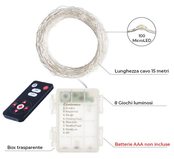 Stringa 15 metri da 150 Microled Bianco Freddo a batteria con telecomando Wisdom