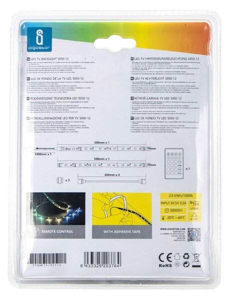 Striscia Led USB 5V retroilluminazione per TV 2,5W SMD 5050 4x50cm IP65 RGB Aigostar