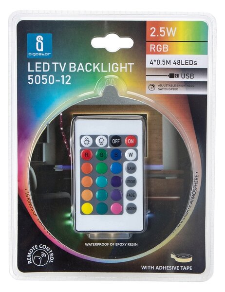 Striscia Led USB 5V retroilluminazione per TV 2,5W SMD 5050 4x50cm IP65 RGB Aigostar