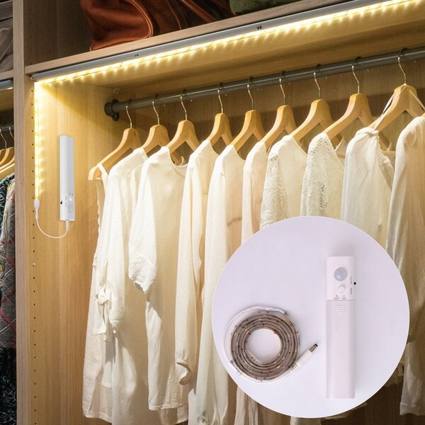 Striscia Led a Batteria per armadio 2W SMD 5050 1 metro IP65 con sensore di movimento Bianco Caldo 3000K Aigostar