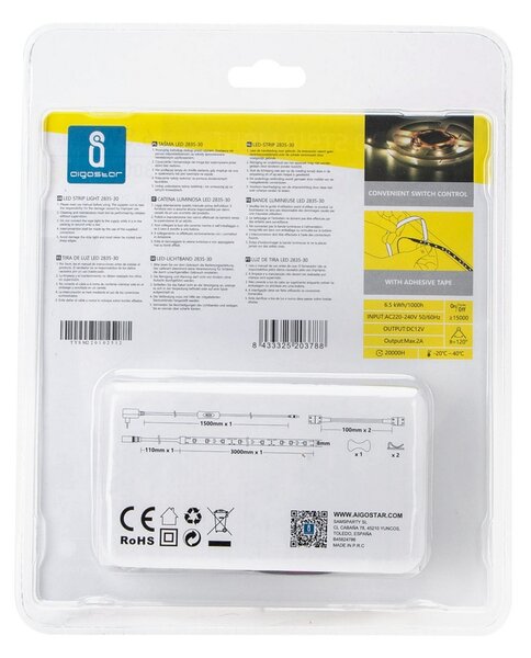 Kit Striscia Led 12V 6,5W SMD 2835 3 metri IP20 Bianco Caldo 3000K Aigostar
