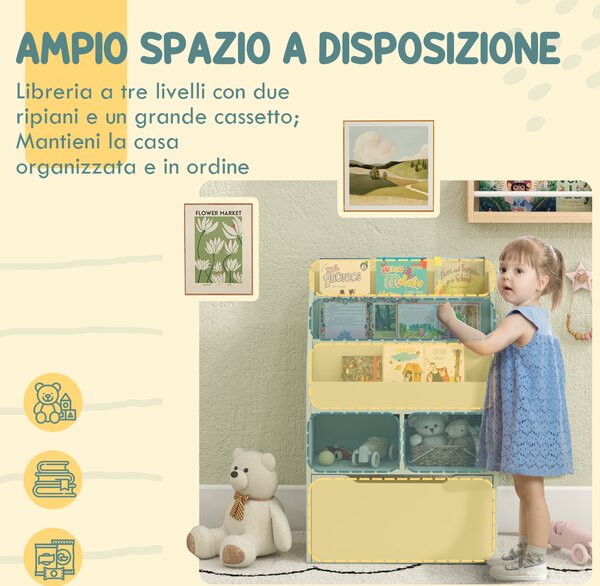 HOMCOM Piccola Libreria per Bambini con Ripiani e Cassetto in MDF, 60x29.9x90cm, Verde