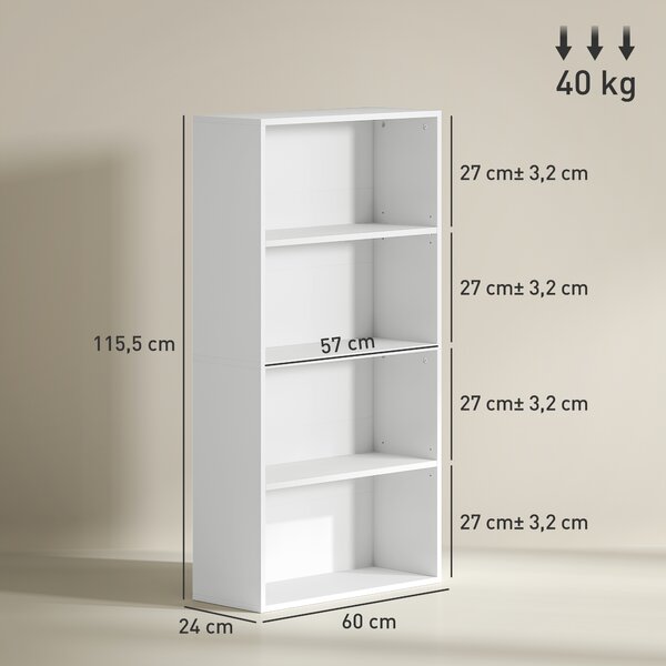 HOMCOM Mobile Libreria a 4 Ripiani con 2 Scaffali Flessibili, in Legno, 60x24x115.5 cm, Bianco