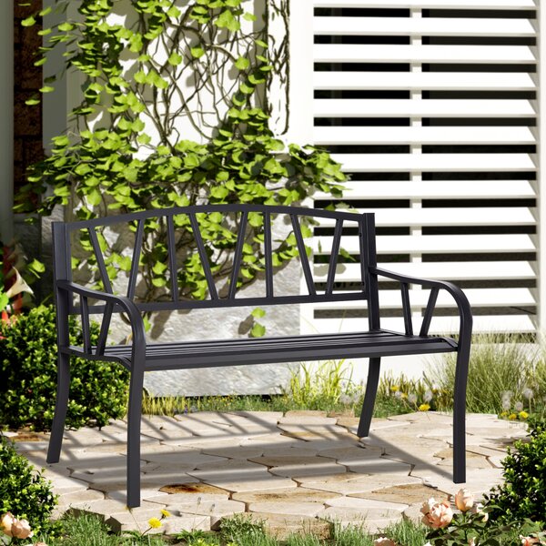 Outsunny Panchina da Giardino in Metallo Nero Impermeabile, Panca da Esterno in Ferro 2 Posti, 128x56x86cm|Aosom