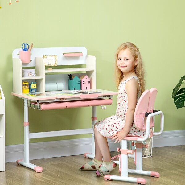 ZONEKIZ Banco Scuola con Sedia per Bambini 3-12 Anni, Altezza Regolabile e Piano Inclinabile, Rosa|Aosom