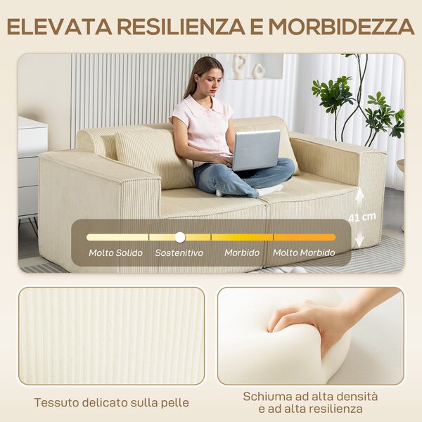 HOMCOM Divano 3 Posti Modulare con Seduta Profonda, Braccioli Larghi e 2 Cuscini in Velluto a Coste, Beige | Aosom Italy