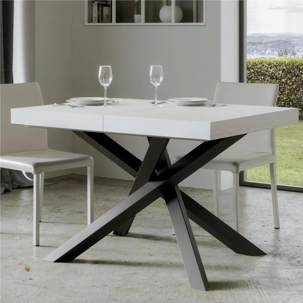 Tavolo Allungabile 140 cm con 2 allunghe VOLANTIS Premium Bianco 90x140xh77 cm estensibile fino a 244 cm Allunghe da 52 cm, gambe in Ferro antracite , piano Bianco Frassino
