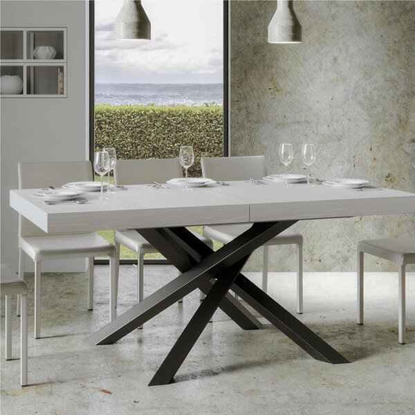 Tavolo Allungabile 140 cm con 2 allunghe VOLANTIS Premium Bianco 90x140xh77 cm estensibile fino a 244 cm Allunghe da 52 cm, gambe in Ferro antracite , piano Bianco Frassino