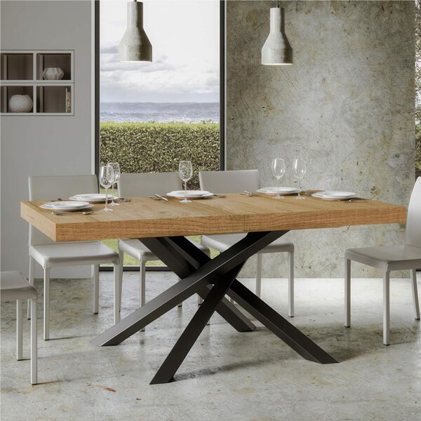 Tavolo Allungabile 160 cm con 2 allunghe VOLANTIS Premium Bianco 90x160xh77 cm estensibile fino a 264 cm Allunghe da 52 cm, gambe in Ferro antracite , piano Quercia Natura