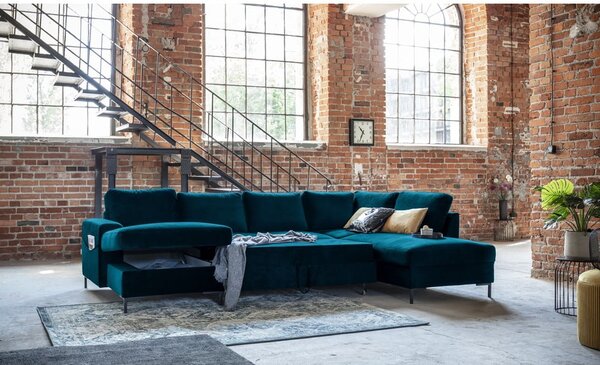Divano letto angolare in velluto color petrolio (angolo destro) Lofty Lilly - Miuform