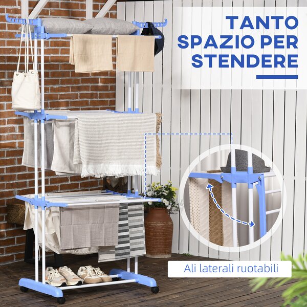 HOMCOM Stendibiancheria Pieghevole a 4 Livelli con Ali Laterali Girevoli e 4 Ruote, in Acciaio e PP, 73x64x177 cm, Blu e Argento | Aosom