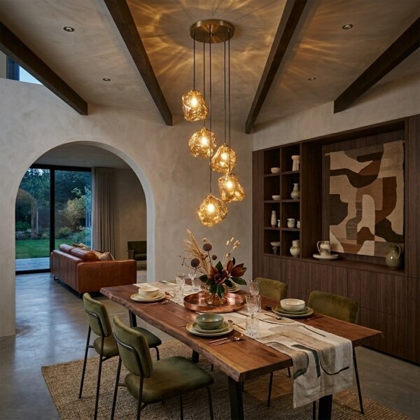 Lampadario a cavo CRISTAL 5xE14/15W/230V ottone/beige fumé