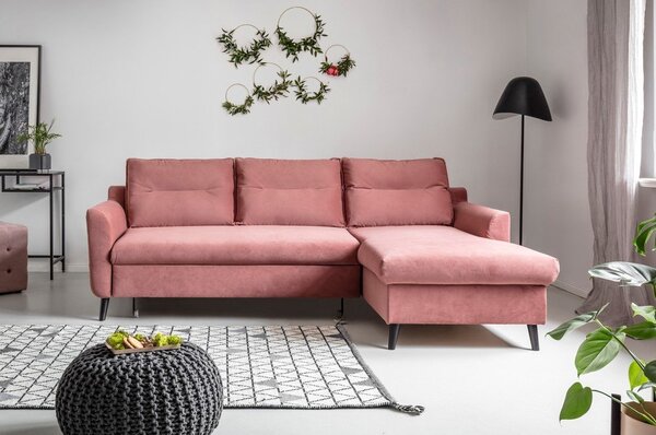 Divano letto angolare in velluto rosa, angolo destro Stylish Stan - Miuform