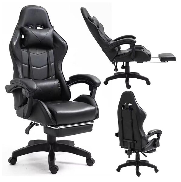 Sedia da gaming girevole con poggiapiedi, nera
