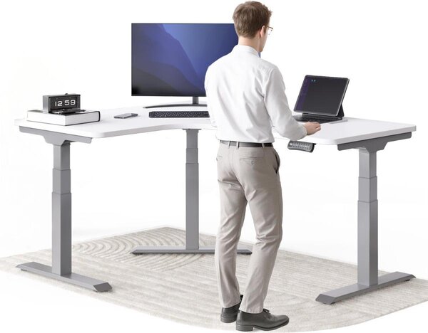 Scrivania DESKSPACE CORNER, regolabile elettricamente in altezza, 160 x 130 x 70 cm, piano bianco, struttura grigia